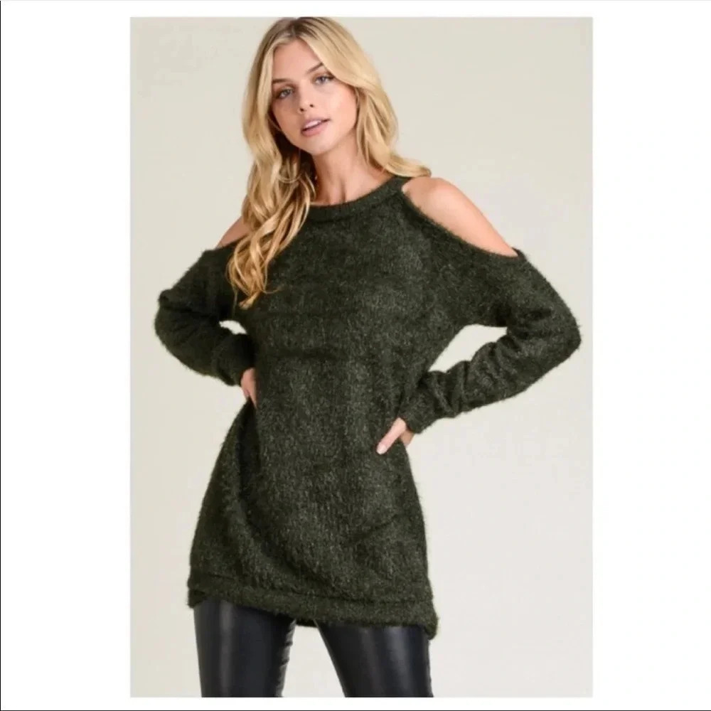Olive Green Cold Shoulder Sweater | Cozy Fall Knit Pullover Top - Picture 2 of 7